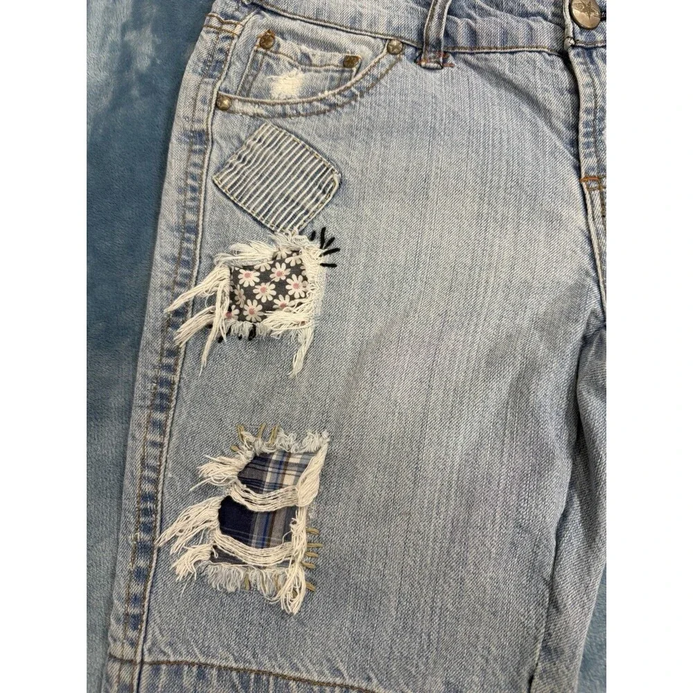 Vintage Something Trickie Y2K Patchwork Denim Shorts Distressed Plaid Size 9